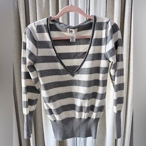 SO Women's V-Neck Sweater in Gray and White Stripes